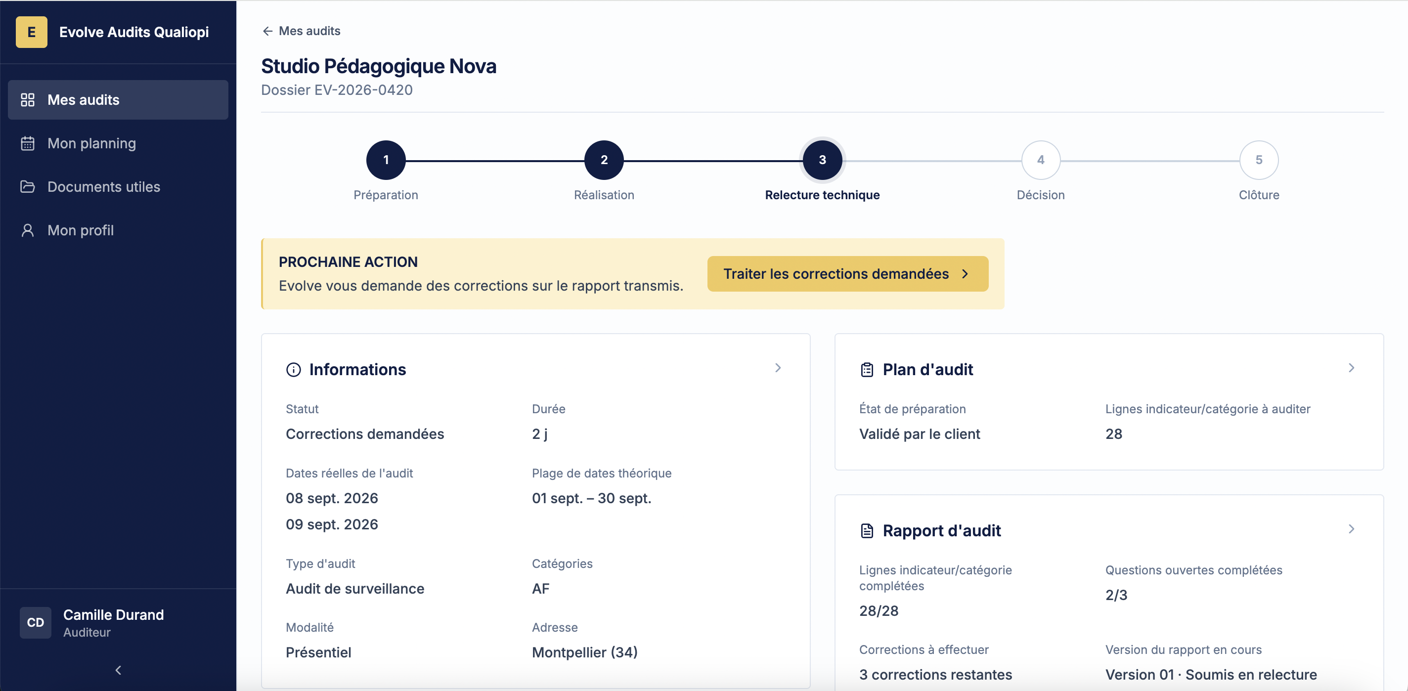 Capture d'écran de l'outil Evolve Audits Qualiopi